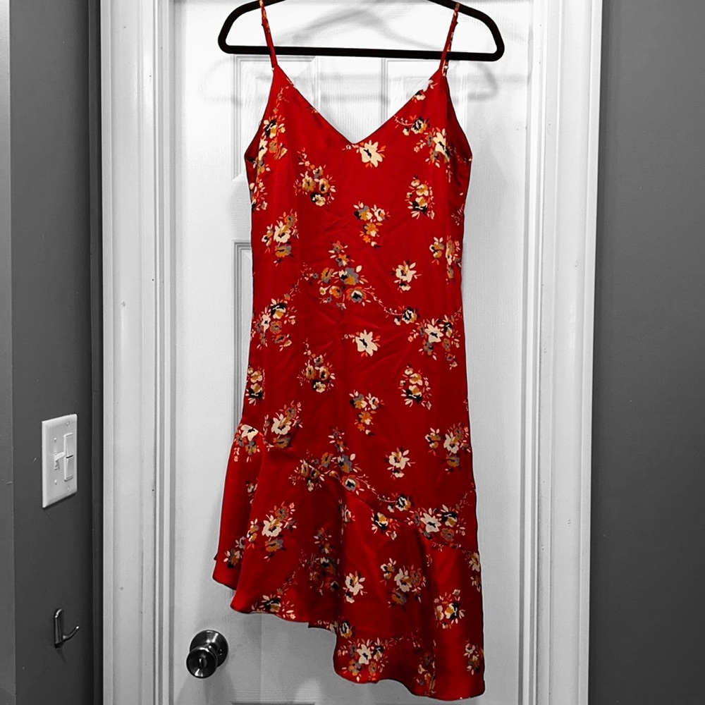Lulu’s Bewitching Beauty Red Floral Print Satin Asymmetrical Slip Dress